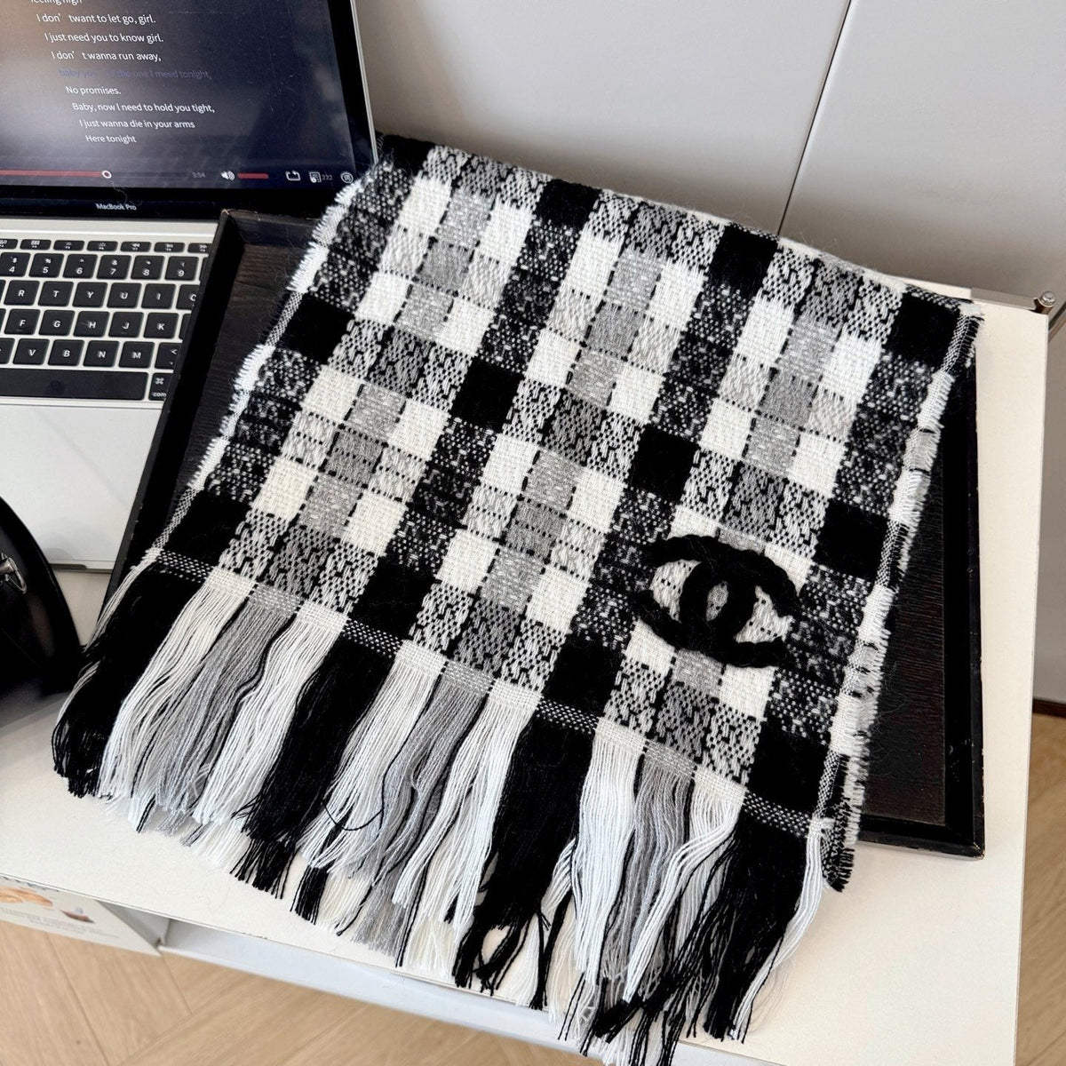 Chanel Black and White Plaid Fringed Scarf